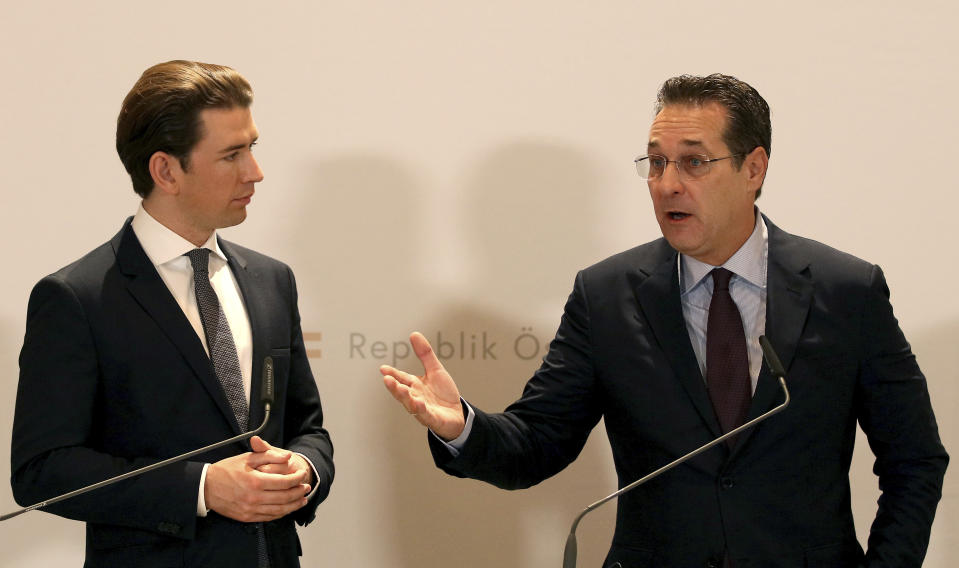 FILE - In this Tuesday, Dec. 4, 2018 file photo, Austria's Chancellor Sebastian Kurz and Austrian Vice Chancellor Heinz-Christian Strache, from left, hold a joint press conference after one year government in Austria at the Hofburg palace in Vienna, Austria. Two German newspapers are reporting that the head of Austria's far-right Freedom Party offered government contracts in return for support for his party from a potential Russian donor shortly before the Austrian's 2017 parliamentary election. (AP Photo/Ronald Zak)