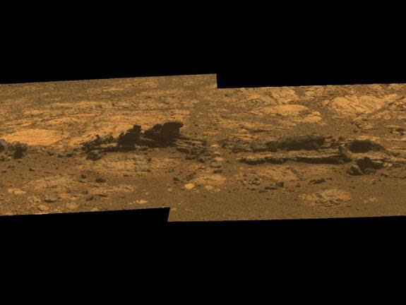 Rock fins up to about 1 foot (30 centimeters) tall dominate this scene from the panoramic camera (Pancam) on NASA's Mars Exploration Rover Opportunity. This image was taken Aug. 23, 2012.