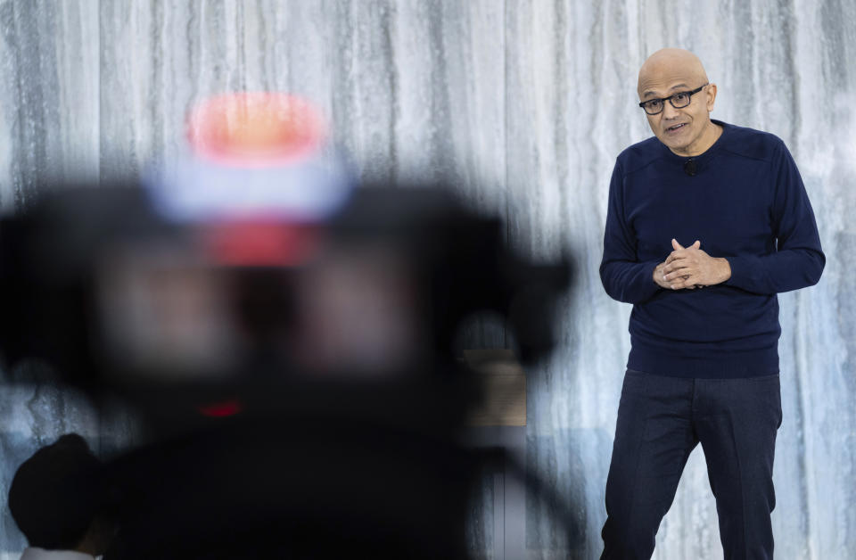 Microsoft CEO Satya Nadella speaks during the introduction of integration of Microsoft Bing search engine and Edge browser with OpenAI on Tuesday, Feb. 7, 2023, in Redmond. Microsoft is fusing ChatGPT-like technology into its search engine Bing, transforming an internet service that now trails far behind Google into a new way of communicating with artificial intelligence. (AP Photo/Stephen Brashear)