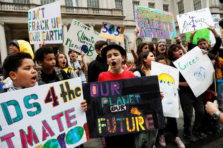 Students hold banners and placards during a demonstration against climate change in New York, U.S., March 15, 2019. REUTERS/Shannon Stapleton