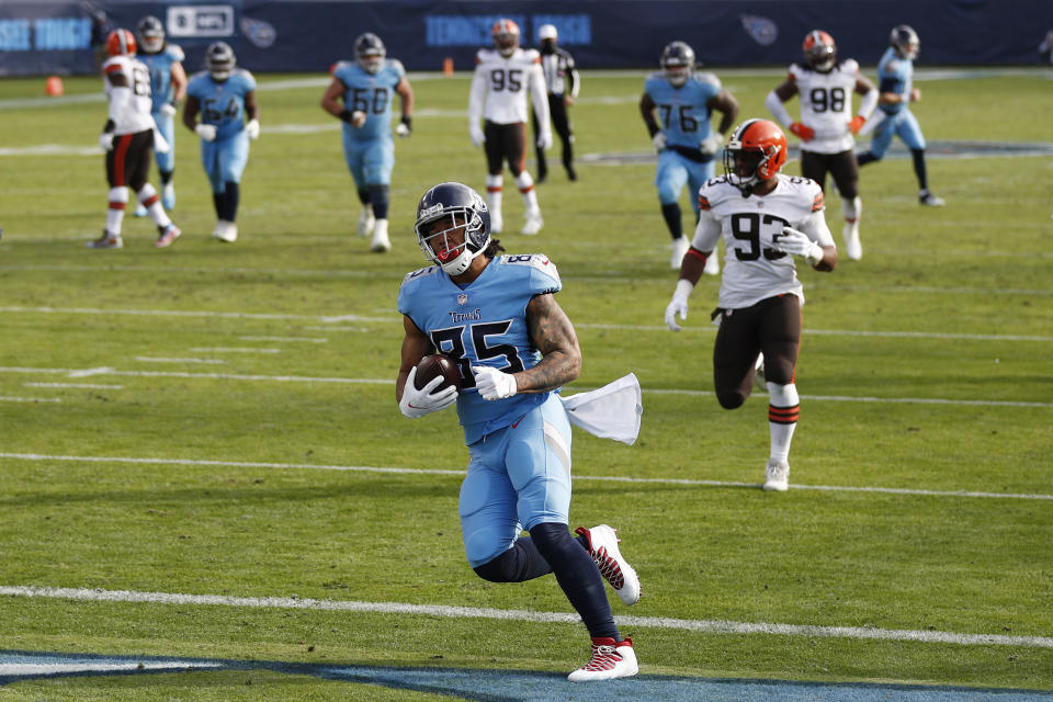 Tennessee Titans tight end MyCole Pruitt (85) scores a touchdown against the Cleveland Browns in the second half of an NFL football game Sunday, Dec. 6, 2020, in Nashville, Tenn. (AP Photo/Wade Payne)