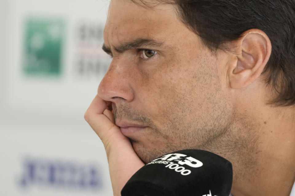 Rafael Nadal, of Spain, attends a press conference at the Italian Open tennis tournament in Rome, Wednesday, May 8, 2024.(AP Photo/Gregorio Borgia)