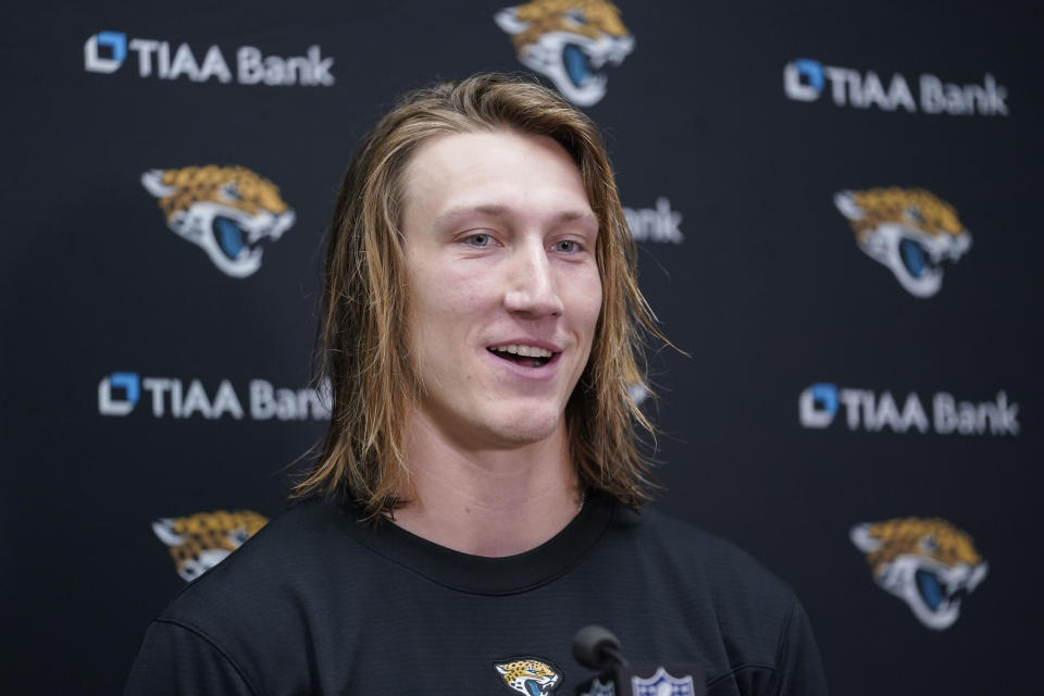 Jacksonville Jaguars quarterback Trevor Lawrence speaks during a news conference after an NFL divisional round playoff football game between the Kansas City Chiefs and the Jacksonville Jaguars, Saturday, Jan. 21, 2023, in Kansas City, Mo. The Kansas City Chiefs won 27-20. (AP Photo/Ed Zurga)
