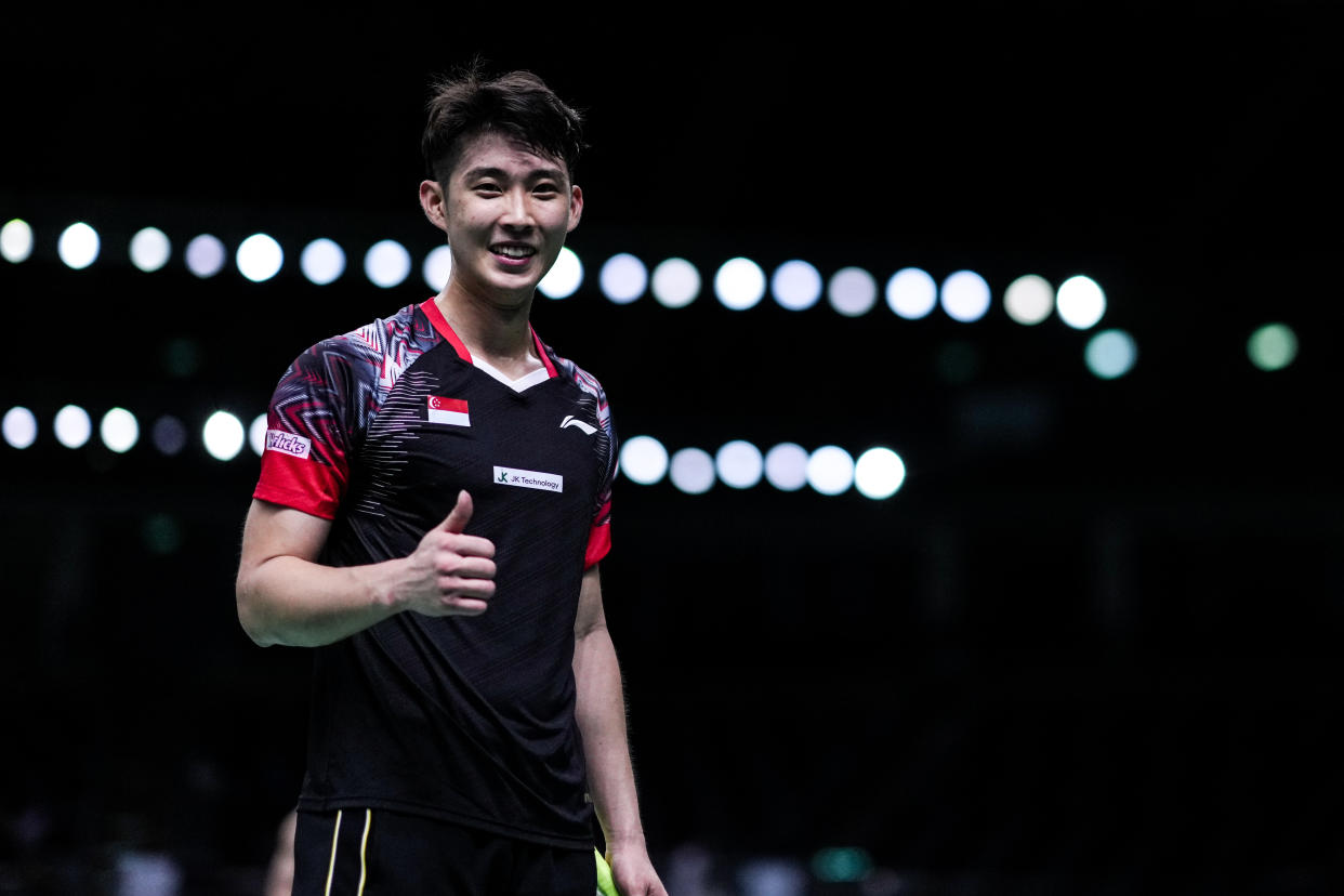 Singapore shuttler Loh Kean Yew gives the thumbs-up after he defeated Thailand's Khosit Phetpradab at the Thomas Cup finals in Bangkok.