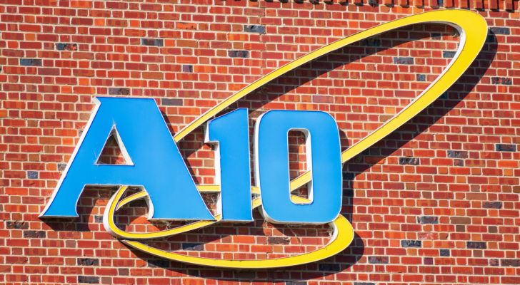 The logo for A10 (ATEN) is seen on the side of a building.