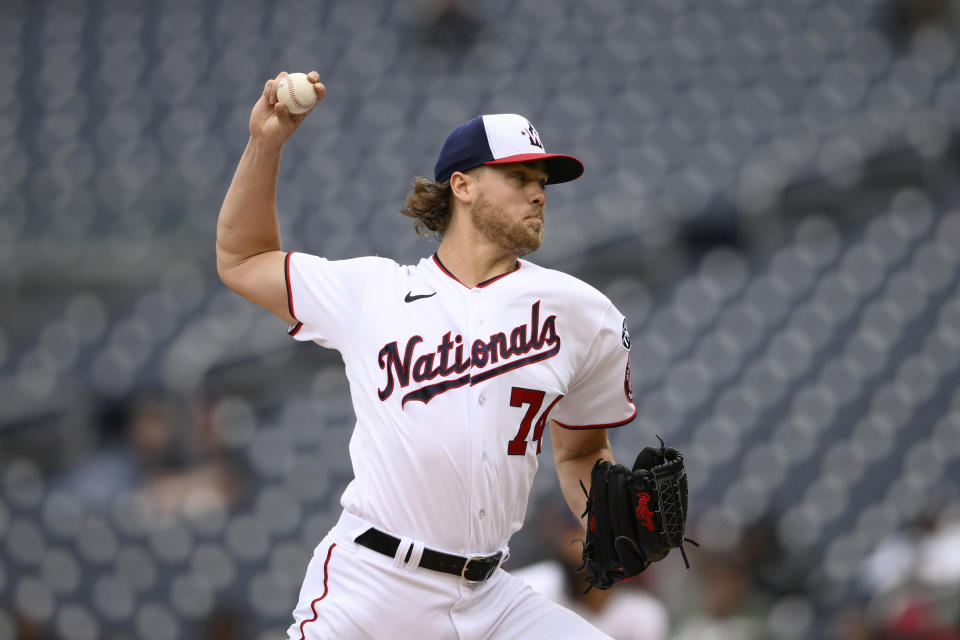 Washington Nationals starting pitcher Jake Irvin throws during the fourth inning of a baseball game against the Arizona Diamondbacks, Thursday, June 22, 2023, in Washington. (AP Photo/Nick Wass)