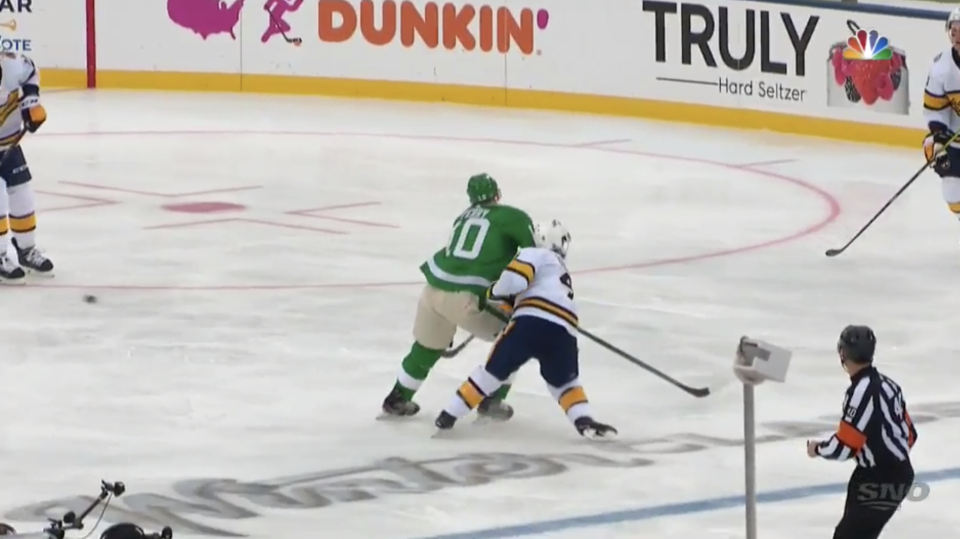 Nashville Predators defenceman Ryan Ellis had to be helped off the ice after Dallas Stars forward Corey Perry targets his head. (NBC Sports)