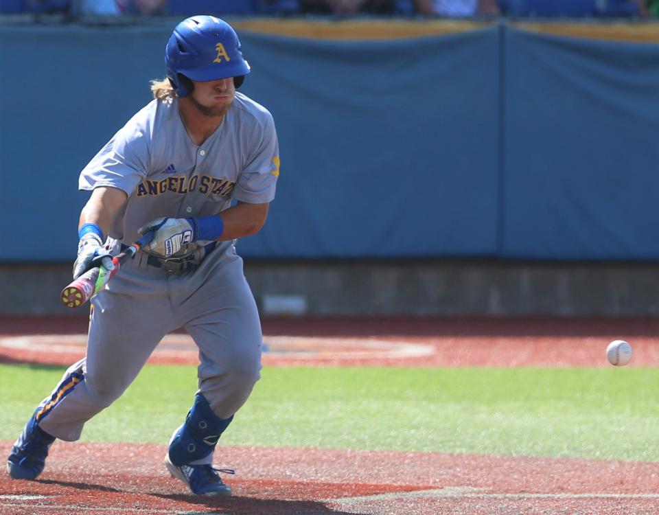 Angelo State University's Thomas Cain bunts against Texas A&M-Kingsville during the final game of the South Central Regional Section I Tournament at Foster Field at 1st Community Credit Union Stadium on Saturday, May 21, 2022.