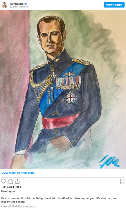 Liam Payne's watercolour painting of the late Prince Philip. Photo: Instagram/liampayne.