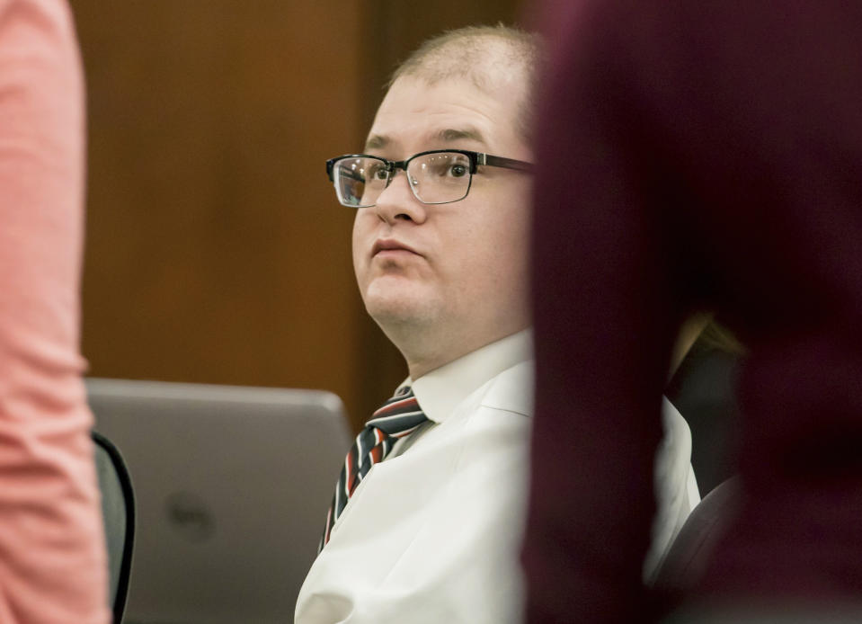 In this Monday, June 3, 2019 photo, Timothy Jones Jr. sits during closing statements in his murder trial at the Lexington County Courthouse, in Lexington, Ky. Jurors are again deliberating whether the South Carolina father is guilty of murder in the deaths of his five children. (Jeff Blake/The State via AP, Pool)