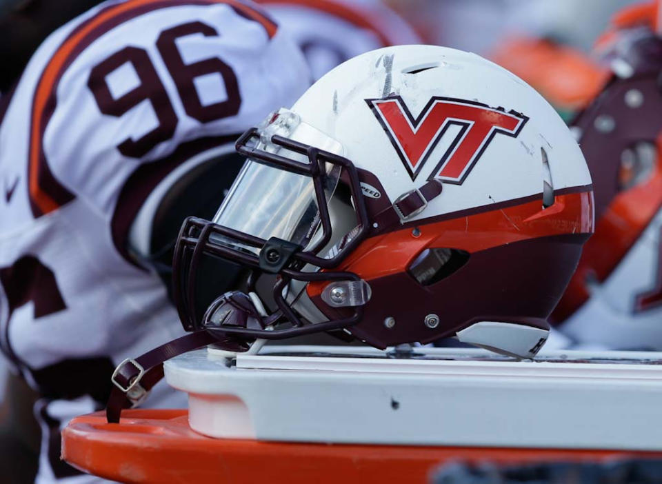 A Virginia Tech helmet is seen during the second half of an NCAA college football game against Purdue, Saturday, Sept. 19, 2015 in West Lafayette, Ind. Virginia Tech won the game 51-24. (AP Photo/Darron Cummings)