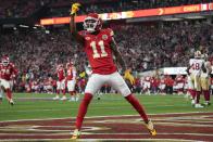 Kansas City Chiefs wide receiver Marquez Valdes-Scantling (11) celebrates his touchdown against the San Francisco 49ers during the second half of the NFL Super Bowl 58 football game Sunday, Feb. 11, 2024, in Las Vegas. (AP Photo/George Walker IV)