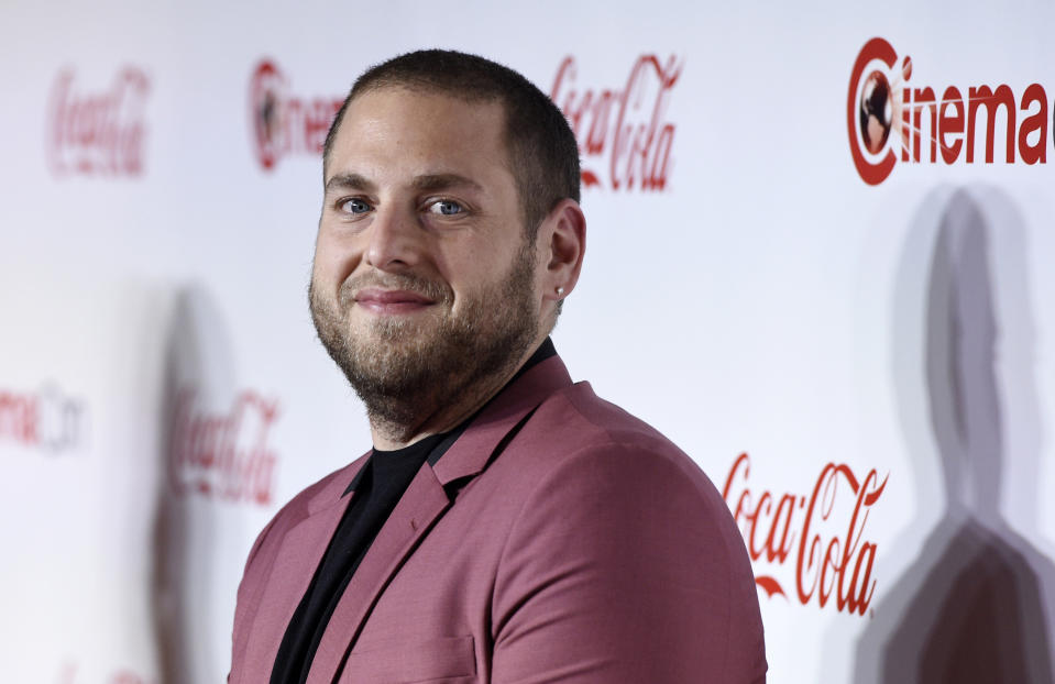 FILE - Jonah Hill, recipient of the CinemaCon Vanguard award, poses at the Big Screen Achievement Awards on April 26, 2018, in Las Vegas. Hill turns 37 on Dec. 20. (Photo by Chris Pizzello/Invision/AP, File)