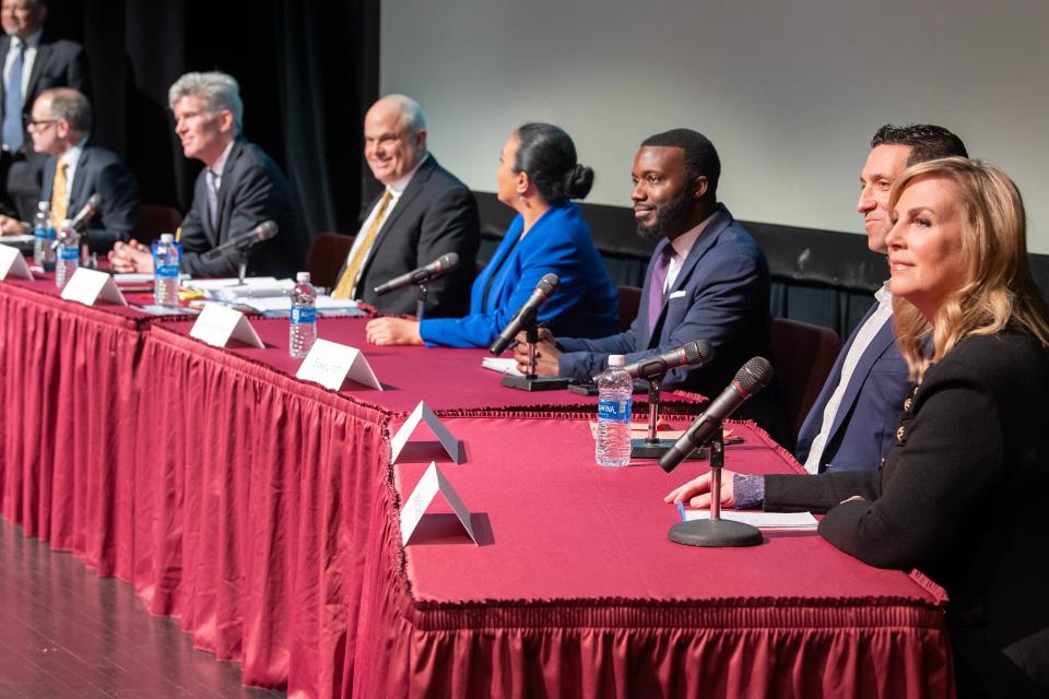 From the right Janelle Stelson, Mike O'Brien, Blake Lynch, Shamaine Daniels, Rick Coplen, and John Broadhurst gather on stage for A Candidates' Night To Listen at Harrisburg Area Community College in Harrisburg on March 25, 2024.