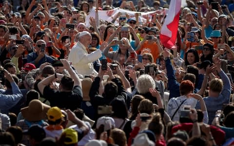 Pope Francis at his weekly address on April 25 2008, during which he reportedly praised exorcisms as a 'way to fight against evil' and 'escape from the power of sin' - Credit: Barcroft Media