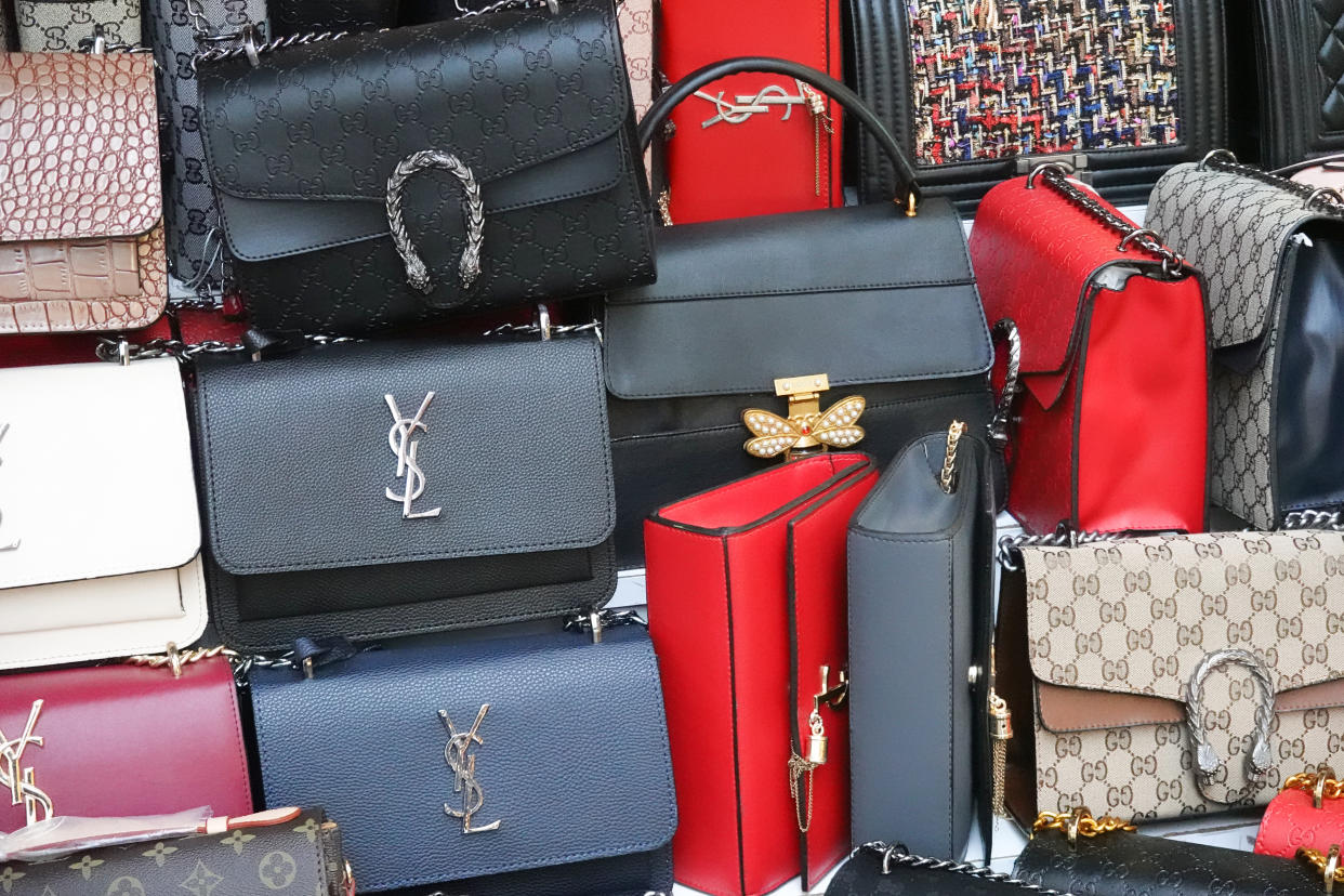 Istanbul, Turkey, September 22., 2018: Bunch of fake brand bags at the bazaar