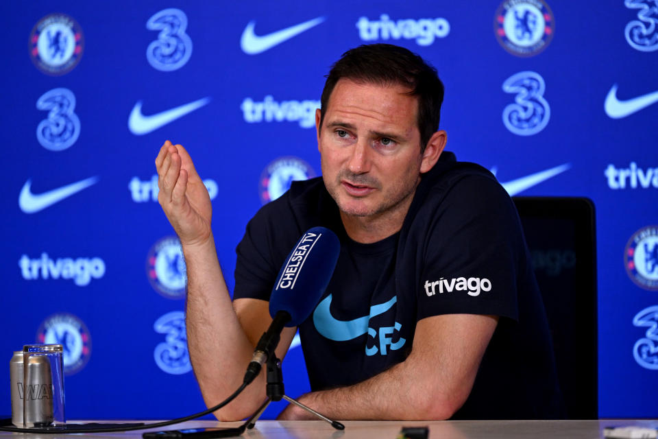 COBHAM, ENGLAND - MAY 05: Caretaker Manager Frank Lampard of Chelsea during a press conference at Chelsea Training Ground on May 5, 2023 in Cobham, England. (Photo by Darren Walsh/Chelsea FC via Getty Images)