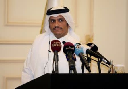 Qatar's foreign minister Sheikh Mohammed bin Abdulrahman al-Thani attends a joint news conference with Italian foreign minister Angelino Alfano in Doha, Qatar, August 2, 2017. REUTERS/Naseem Zeitoon