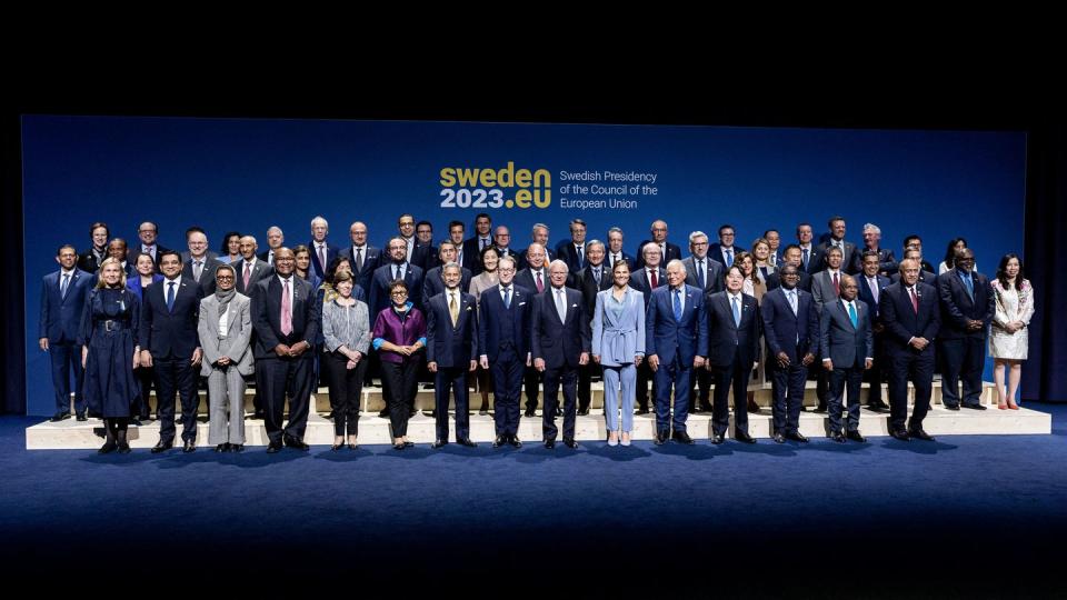 Representatives stand for a photo at the EU Indo-Pacific Ministerial Forum on May 13, 2023. (Christine Olsson/TT News Agency/AFP via Getty Images)