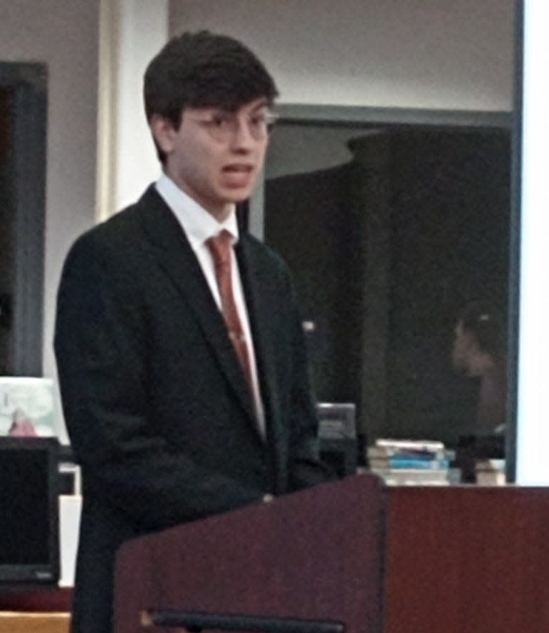 Adam Basile, Wallenpaupack senior, cautions the school board, May 15, about why book banning should not be practiced.