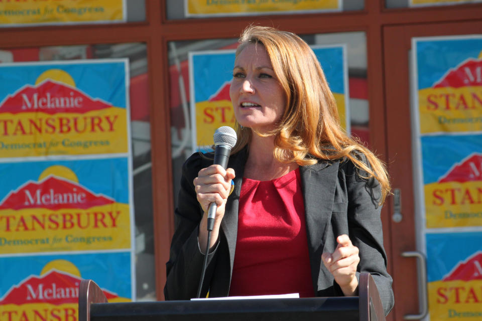 Democratic congressional candidate Melanie Stansbury speaks during a campaign rally in Albuquerque, New Mexico, on Thursday, May 27, 2021. She was joined by Doug Emhoff, the husband of Vice President Kamala Harris. The trip marked Emhoff's first on behalf of a candidate. / Credit: Susan Montoya Bryan / AP