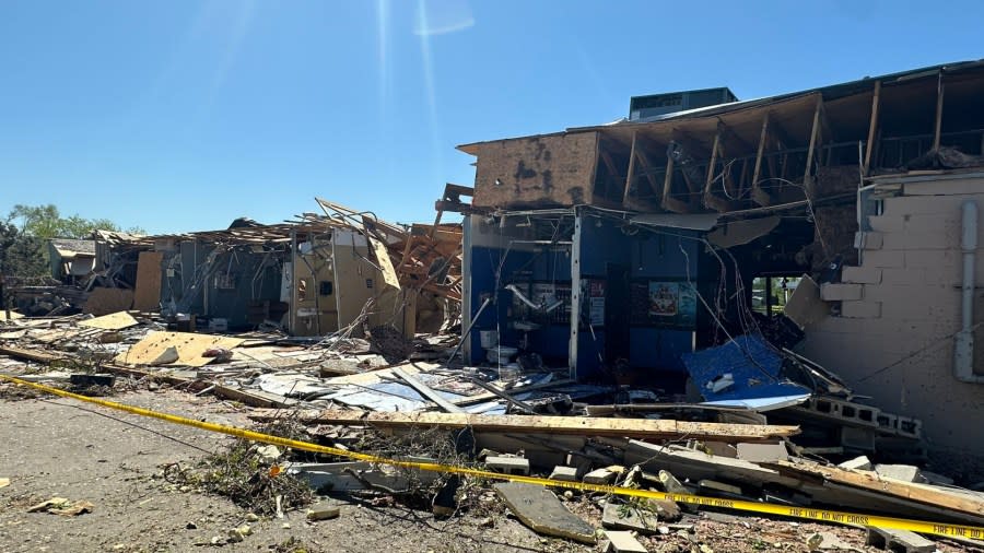 A strip mall along West Centre Avenue in Portage the day after a tornado ripped through. (May 8, 2024)
