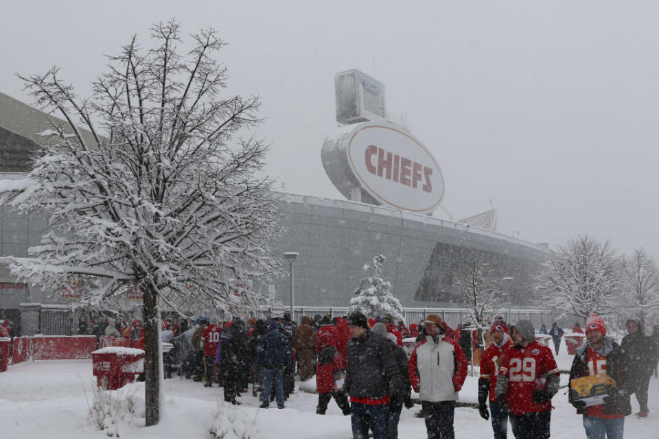 These kinds of conditions lead to snowball-throwing at Arrowhead Stadium during the Colts-Chiefs playoff game. (Getty)