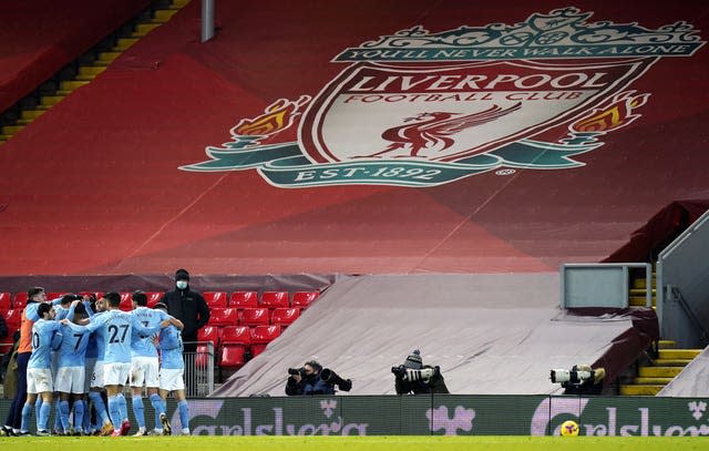 Manchester City celebrate scoring against Liverpool