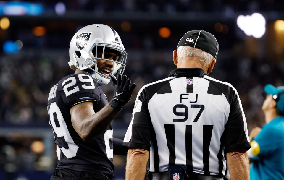 Casey Hayward Jr. of the Las Vegas Raiders wasn't pleased that Saturday's game was postponed. (Photo by Tim Nwachukwu/Getty Images)