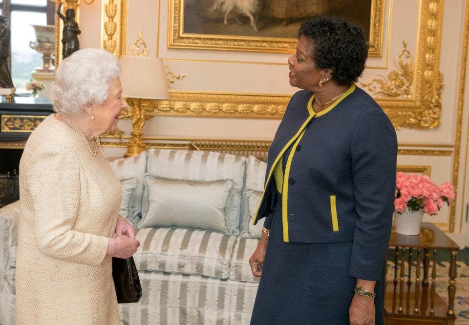 The Queen meeting the former governor-general of Barbados, Dame Sandra Mason, now the country’s first president (Steve Parsons/PA) (PA Archive)