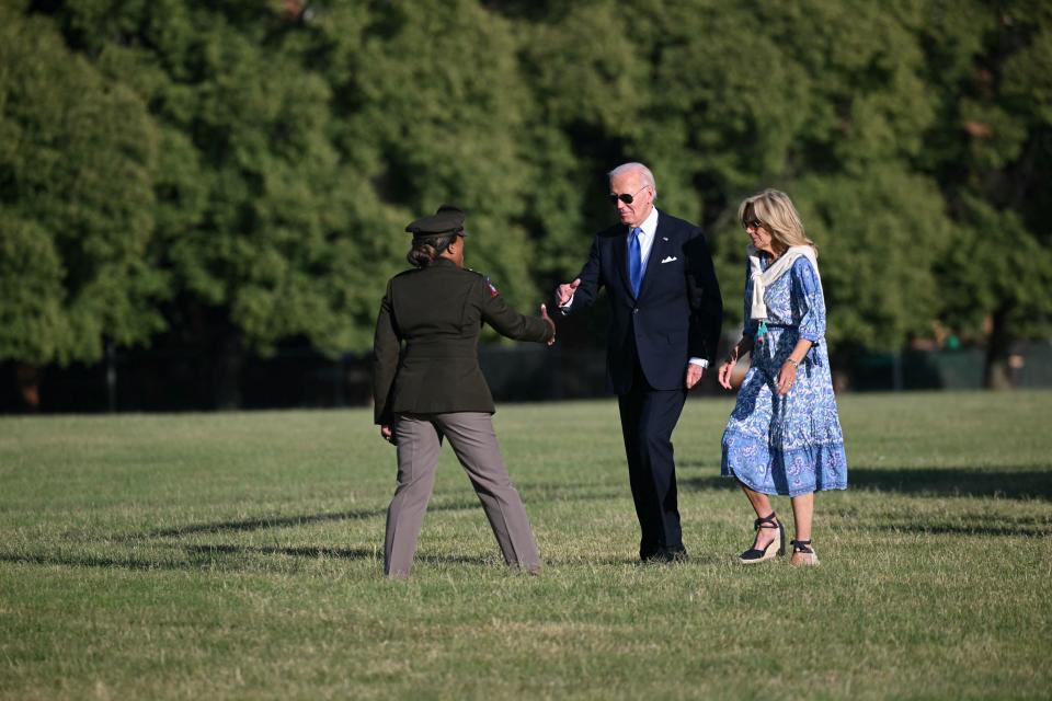 Jill Biden is seen wearing espadrilles at Fort McNair in Washington. wedges, sandals, jill biden shoes, summer footwear, ankle wrap sandal