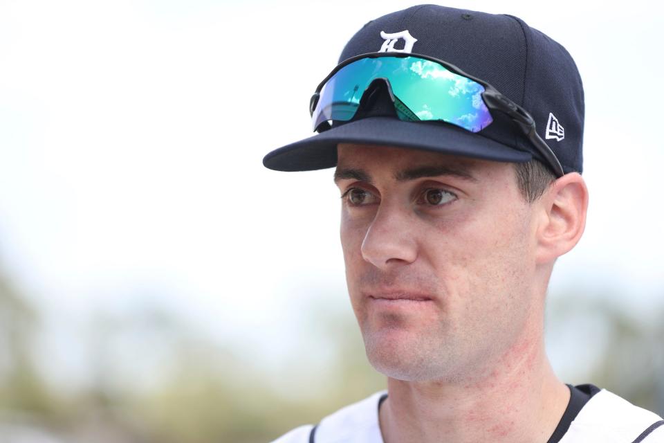 Detroit Tigers infield prospect Ryan Kreidler talks with reporters after spring training Minor League minicamp Tuesday, Feb.22, 2022 at Tiger Town in Lakeland.