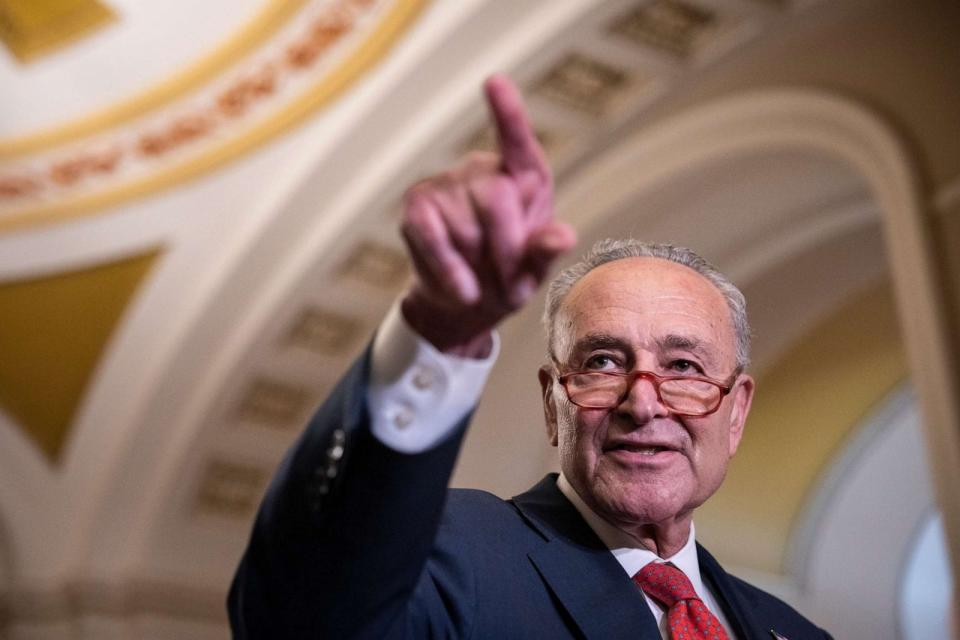 PHOTO: Senate Majority Leader Chuck Schumer speaks during a news conference after a lunch meeting with Senate Democrats July, 26, 2023, in Washington. (Drew Angerer/Getty Images)