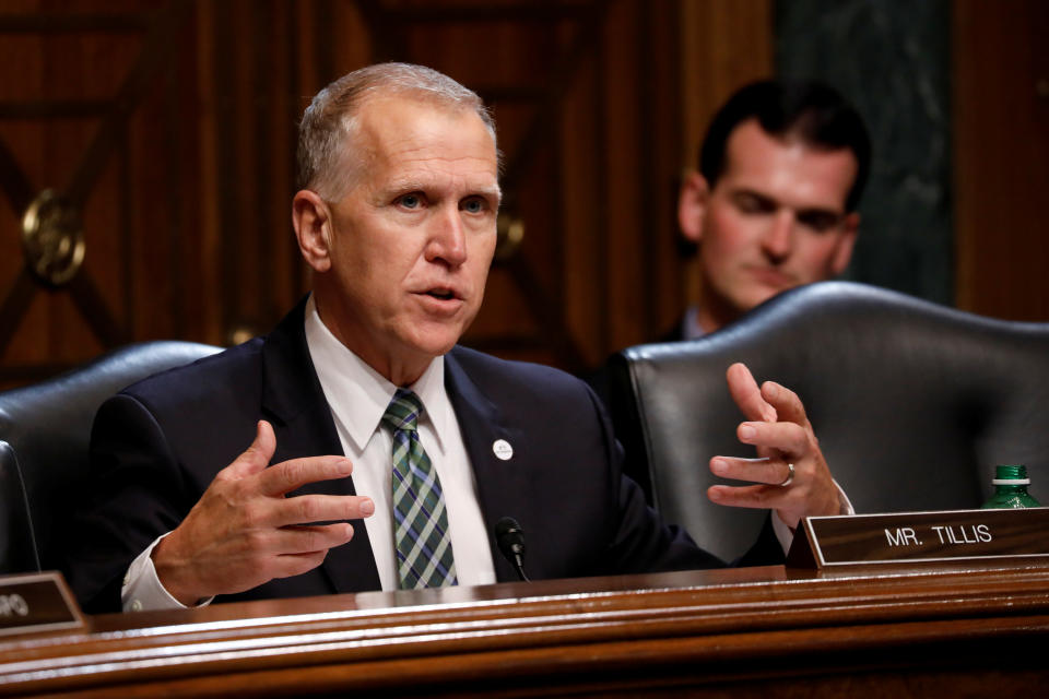 U.S. Senator Thom Tillis (R-NC) asks a question as U.S. Attorney General William Barr testifies before a Senate Judiciary Committee hearing entitled "The Justice Department's Investigation of Russian Interference with the 2016 Presidential Election" on Capitol Hill in Washington, D.C., U.S., May 1, 2019. REUTERS/Aaron P. Bernstein