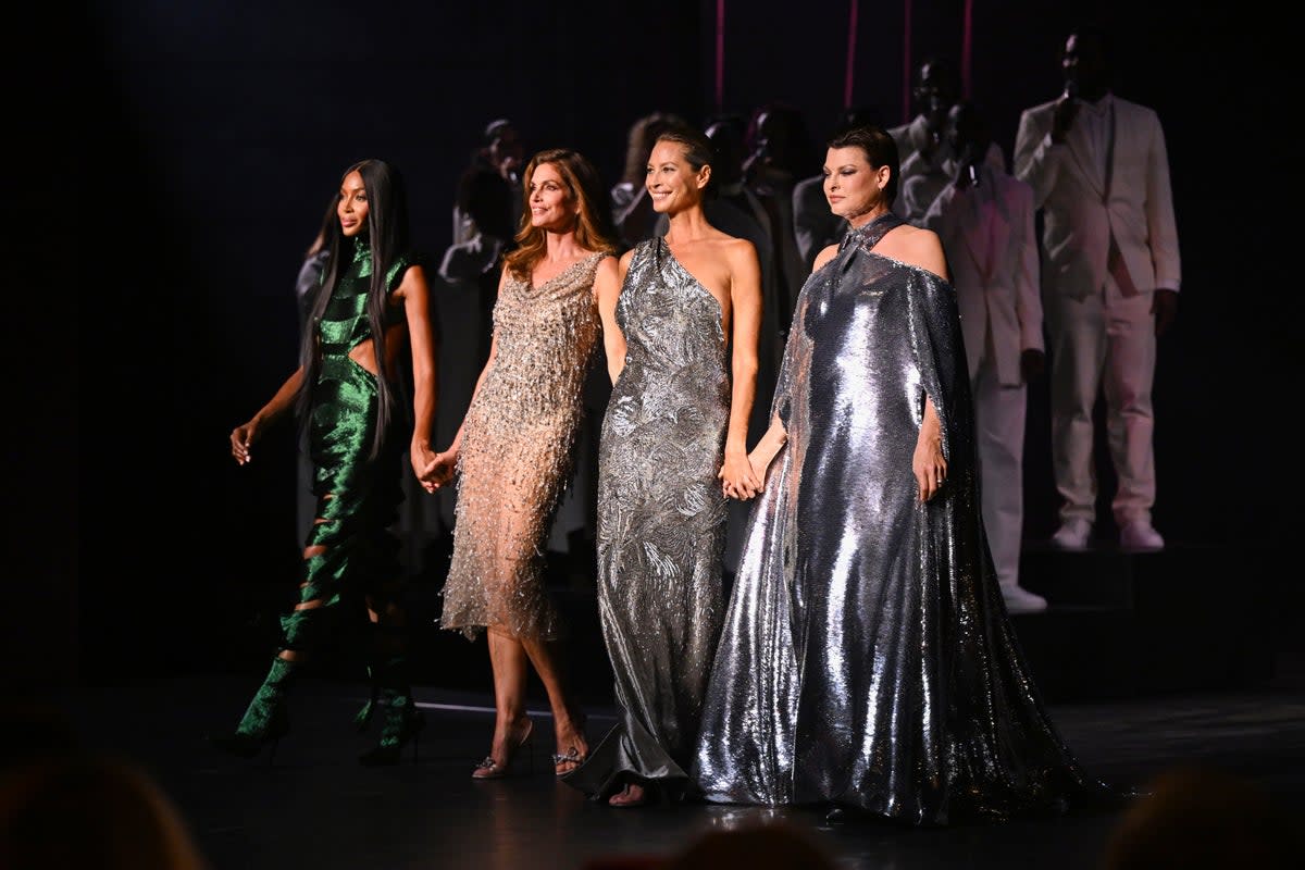 Naomi Campbell, Cindy Crawford, Christy Turlington and Linda Evangelista on stage during Vogue World (Getty Images for Vogue)