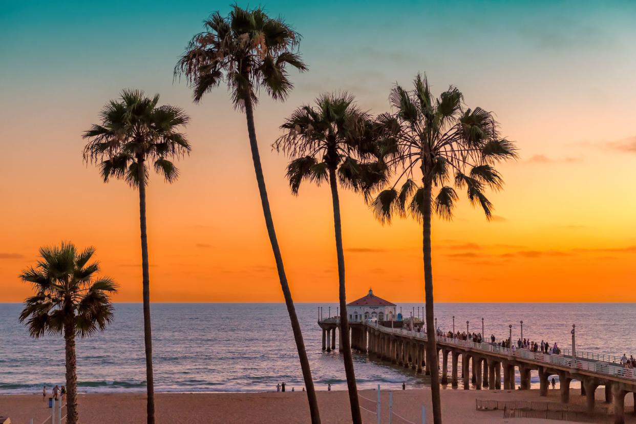 Palm trees and Pier on Manhattan Beach at sunset in California, Los Angeles, USA. Vintage processed. Fashion travel and tropical beach concept.