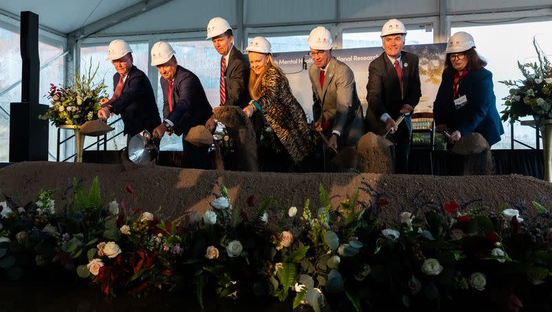 Some of those involved in the plans for the Utah Mental Health Translational Research building take part in the groundbreaking ceremony outside the Huntsman Mental Health Institute in Salt Lake City on Monday, Oct. 2, 2023.