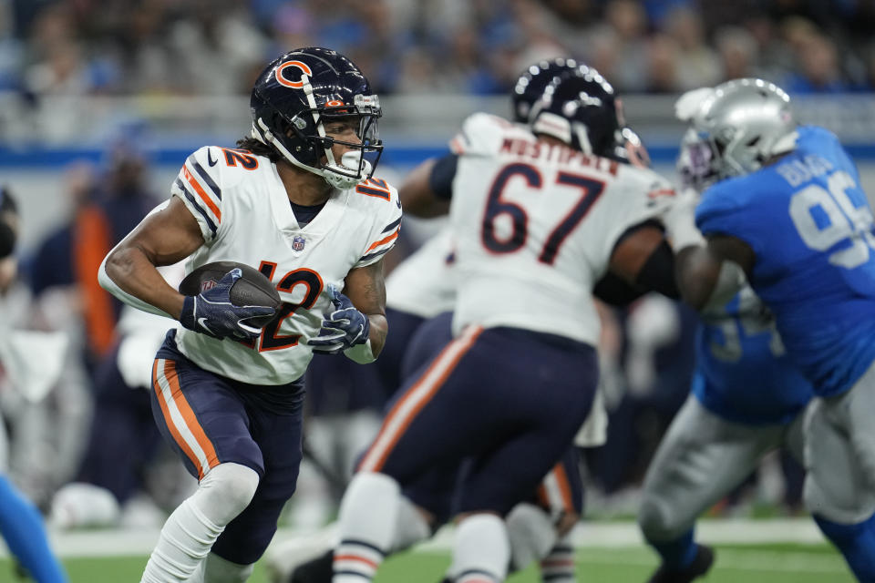 Chicago Bears wide receiver Velus Jones Jr. runs during the first half of an NFL football game against the Detroit Lions, Sunday, Jan. 1, 2023, in Detroit. (AP Photo/Paul Sancya)