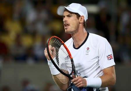 2016 Rio Olympics - Tennis - Final - Men's Singles Gold Medal Match - Olympic Tennis Centre - Rio de Janeiro, Brazil - 14/08/2016. Andy Murray (GBR) of Britain reacts during his match against Juan Martin Del Potro (ARG) of Argentina. REUTERS/Marcos Brindicci