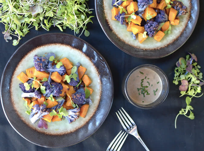 Roasted Purple Cauliflower Sweet Potato with Tahini Lime Sauce