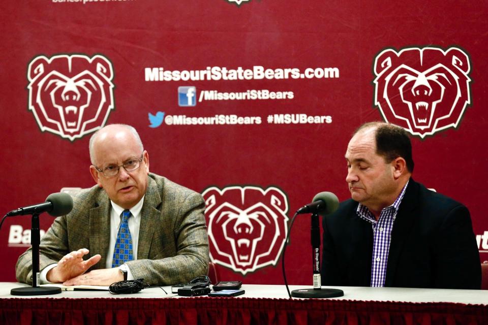 President Clif Smart and Kyle Moats, Director of Athletics for Missouri State University, answer questions during a news conference following the exit of head football coach Dave Steckel.