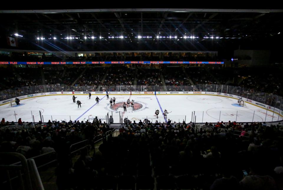 The Arizona Coyotes and Anaheim Ducks reset play late in the third period of their exhibition game at Acrisure Arena in Palm Desert, Calif., Sunday, Oct. 1, 2023.