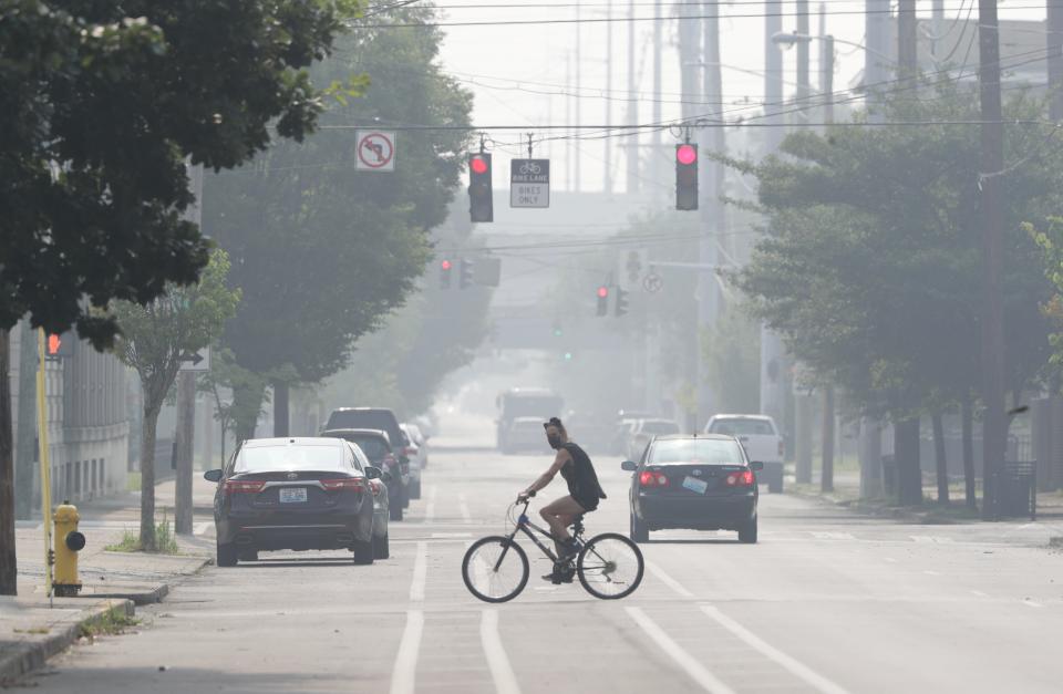 Smoke from the Canadian wildfires have created a haze in downtown Louisville, Ky. that obscures the view of the area on June 28, 2023.