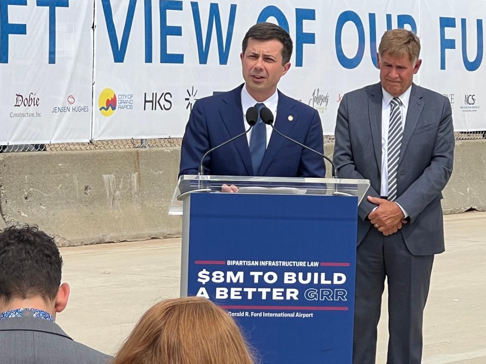 U.S. Transportation Secretary Pete Buttigieg speaks during an event at the Gerald R. Ford International Airport on Monday, July 11, 2022, in Grand Rapids, Mich.