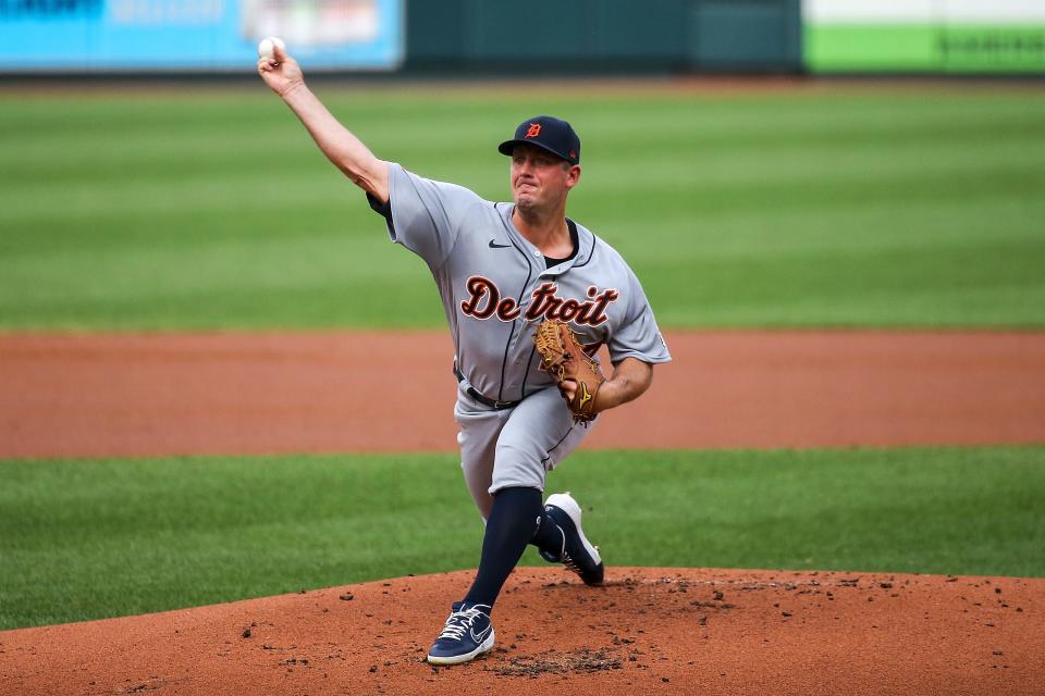 Tigers pitcher Jordan Zimmermann throws during the first inning in the second game of a doubleheader against the Cardinals on Thursday, Sept. 10, 2020, in St. Louis.