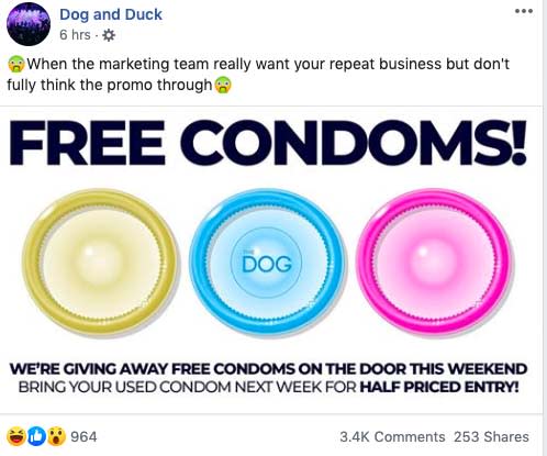 A screenshot of the club's Facebook post that asked guests to bring in used condoms for half priced entry.