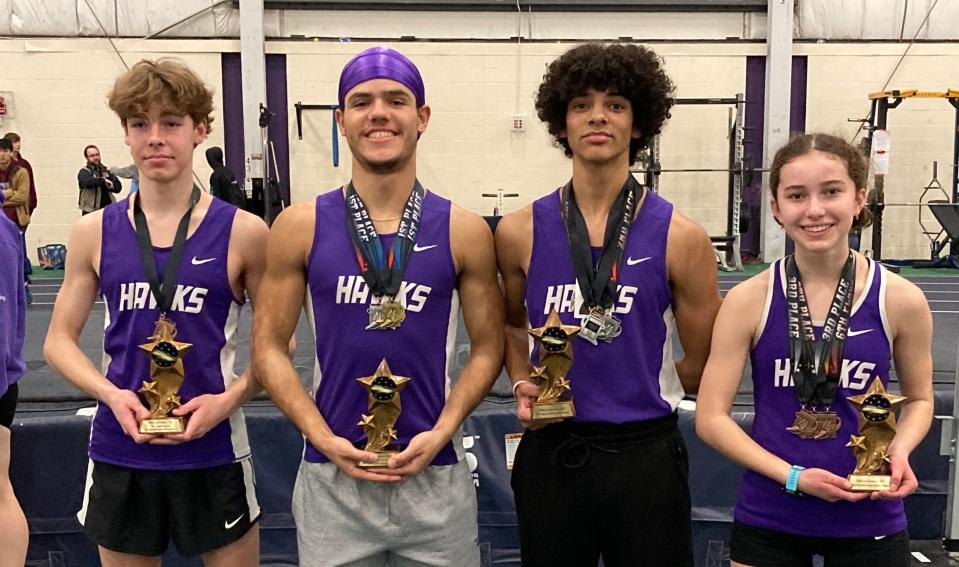 From left, Marshwood's Henri Rivard, Andre Clark, Isaiah Perodin, and Maya Sanzone were all honored at Saturday’s Southern Maine Activities Association championship meet at the University of Southern Maine.