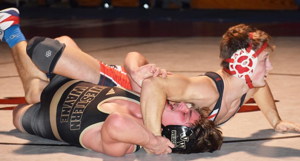 Mason Avery of Honesdale is just moments away from a pin during this year's Battle for the Belt against Western Wayne.
