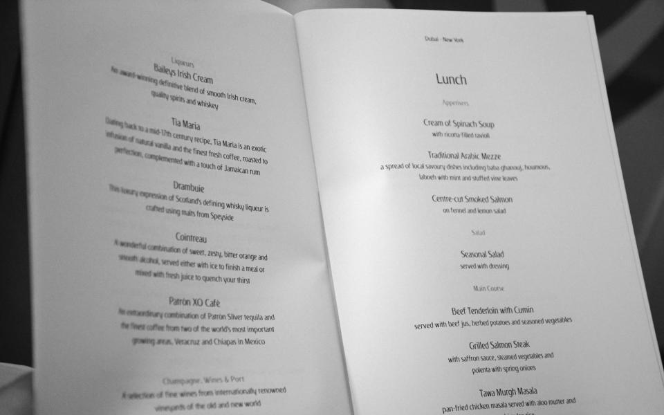 <p>On the flight from Dubai to New York there is both lunch and dinner; you can get a sense of the menu in this shot. There are three choices per course, one of which is Middle Eastern or Indian. The wine selection is international—on my flight there was one European and one New World selection for both red and white, and the champagne was Veuve Clicquot.</p>
