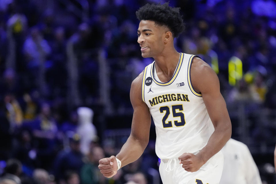 Michigan guard Jace Howard reacts after an NCAA college basketball game against Eastern Michigan, Friday, Nov. 11, 2022, in Detroit. (AP Photo/Carlos Osorio)